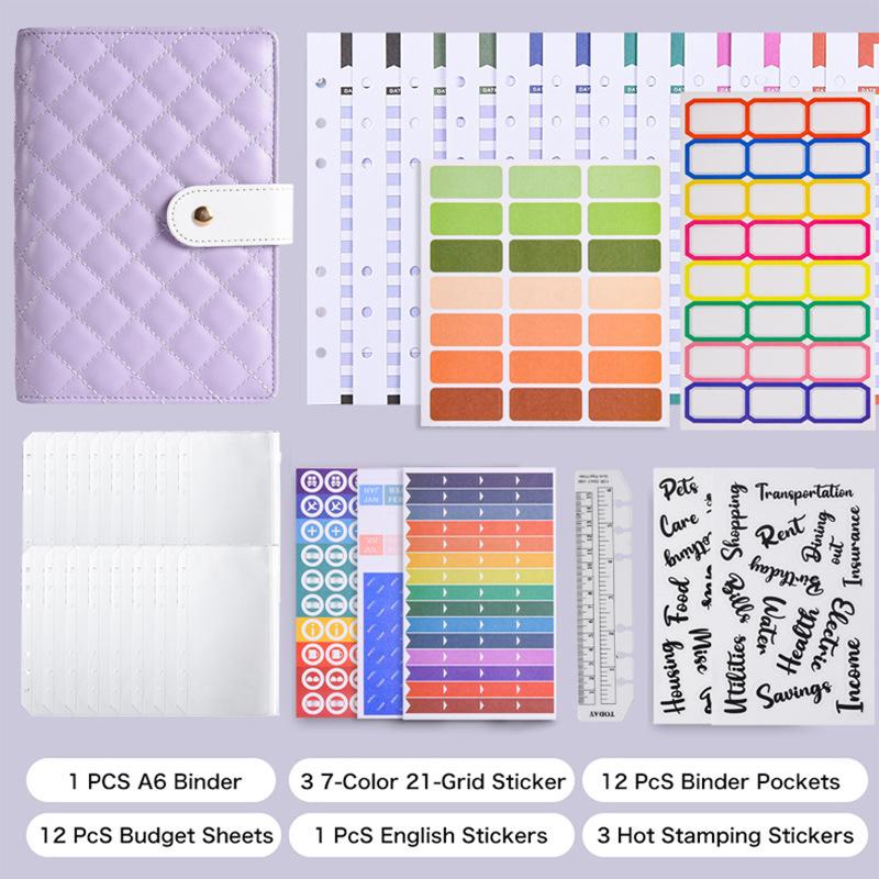 Pastel Grid Softcover Notebook A6 Binder with Zipper Pouch Cash Budget Planner