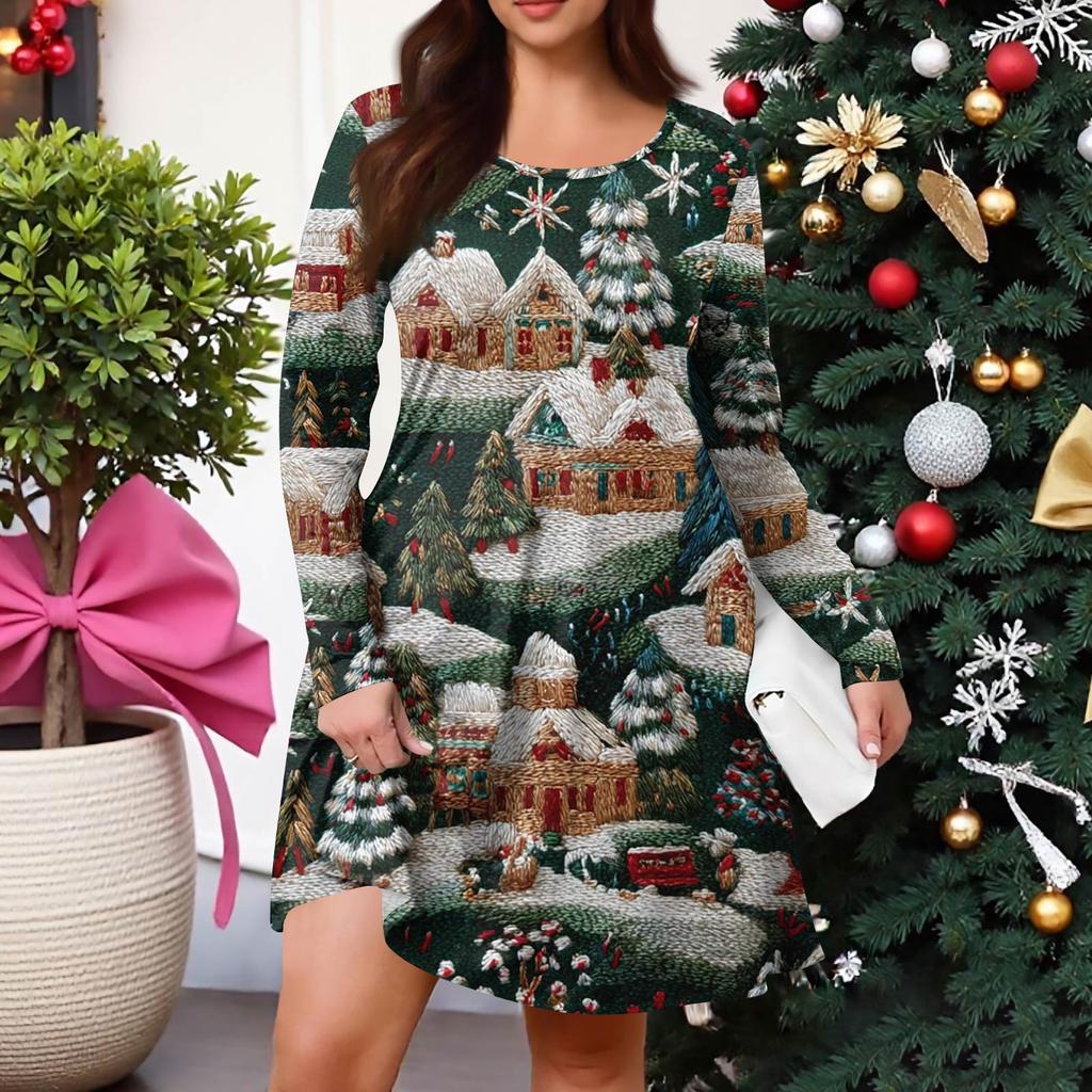 Dámské ležérní šaty s gradientním potiskem, kapsou, kulatým výstřihem a dlouhým rukávem ve větších velikostech na jaro/podzim