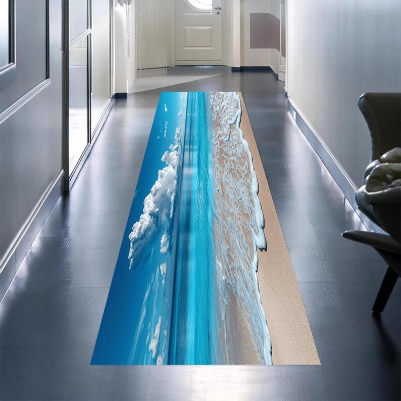 3D Ocean-Sky Gradient Carpet, Photorealistic Beach Wave & Cloud Print Runner Rug Immersive Seascape Floor Mat for Corridor Decor