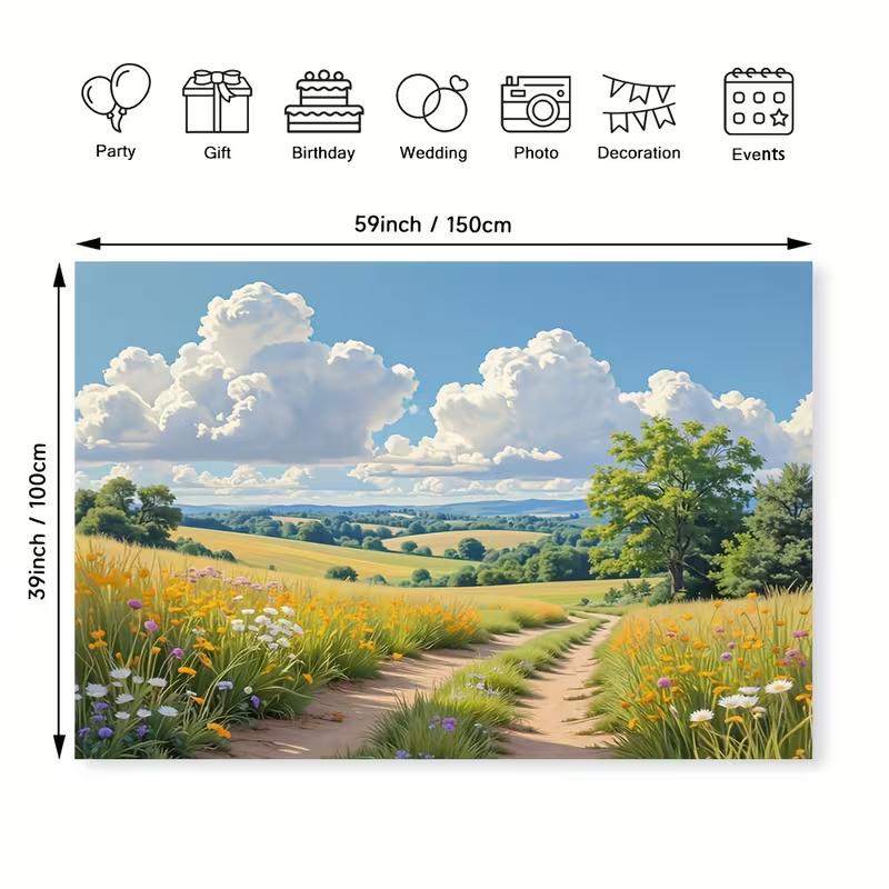 2D Dreamy Rural Wildflower Field Landscape Background Cloth