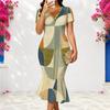 Women Plus Size V Neck Short Sleeve Green Khaki Geometric Printed Fitted Fishtail Dress