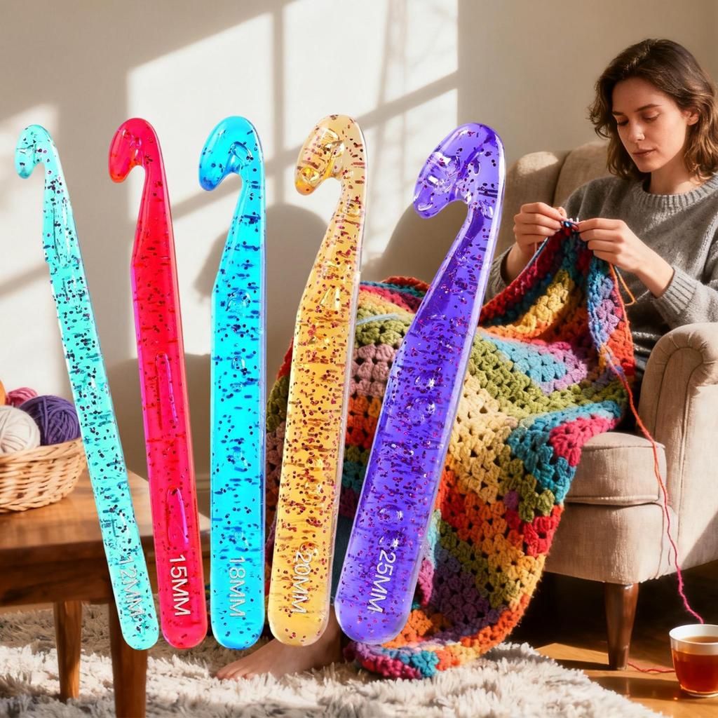 5pcs Large Crochet Hook Set 12mm-25mm Transparent Crystal Knitting Needles DIY Yarn Knitting Tool Yarn Knitting Needles Set