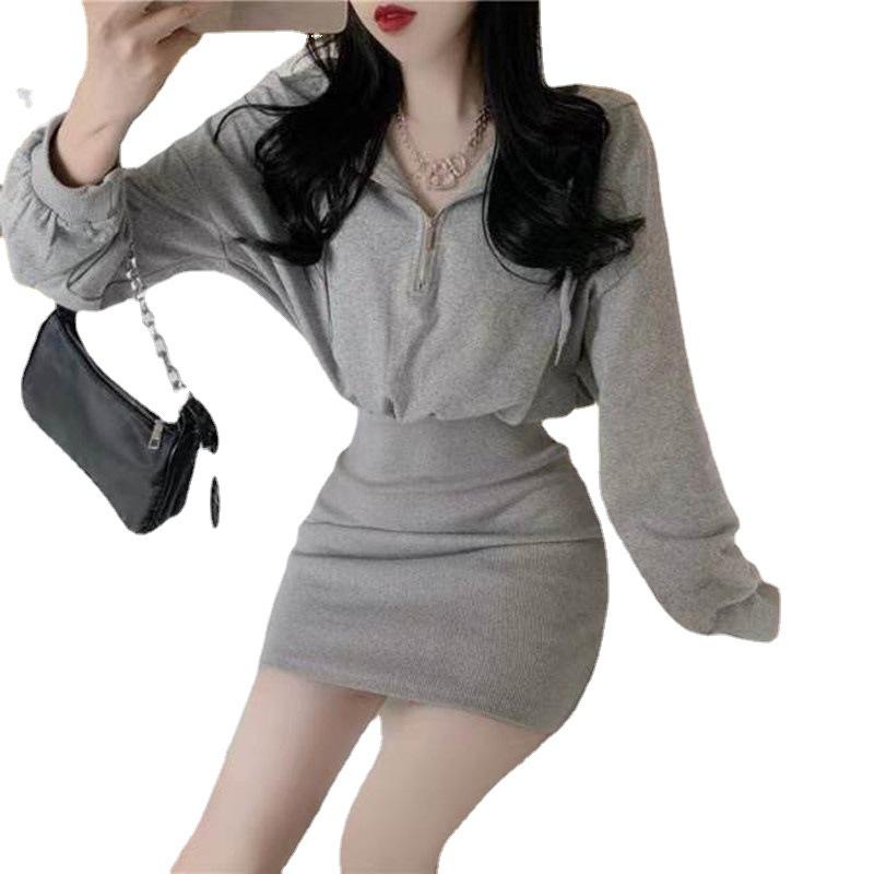 Short Hooded Sweater Dress Autumn Dress New Long-sleeved Waist-wrapped Hip-wrapped Small Dress