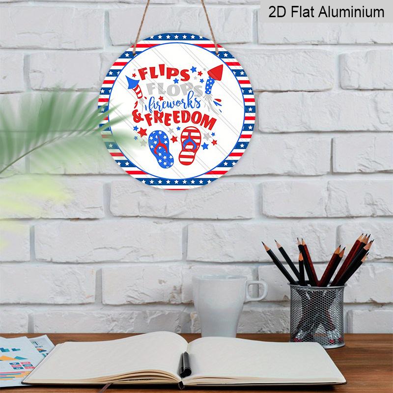 2D Flat, 1pc Patriotic 4th of July Metal Decorative Plaque, Red White Blue Flip Flops Fireworks USA Flag Design, Durable Indoor Outdoor Sign, Perfect