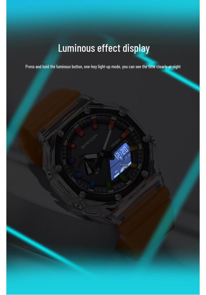 Sanda Octagonal Transparent Multifunctional Waterproof Unisex Wristwatch