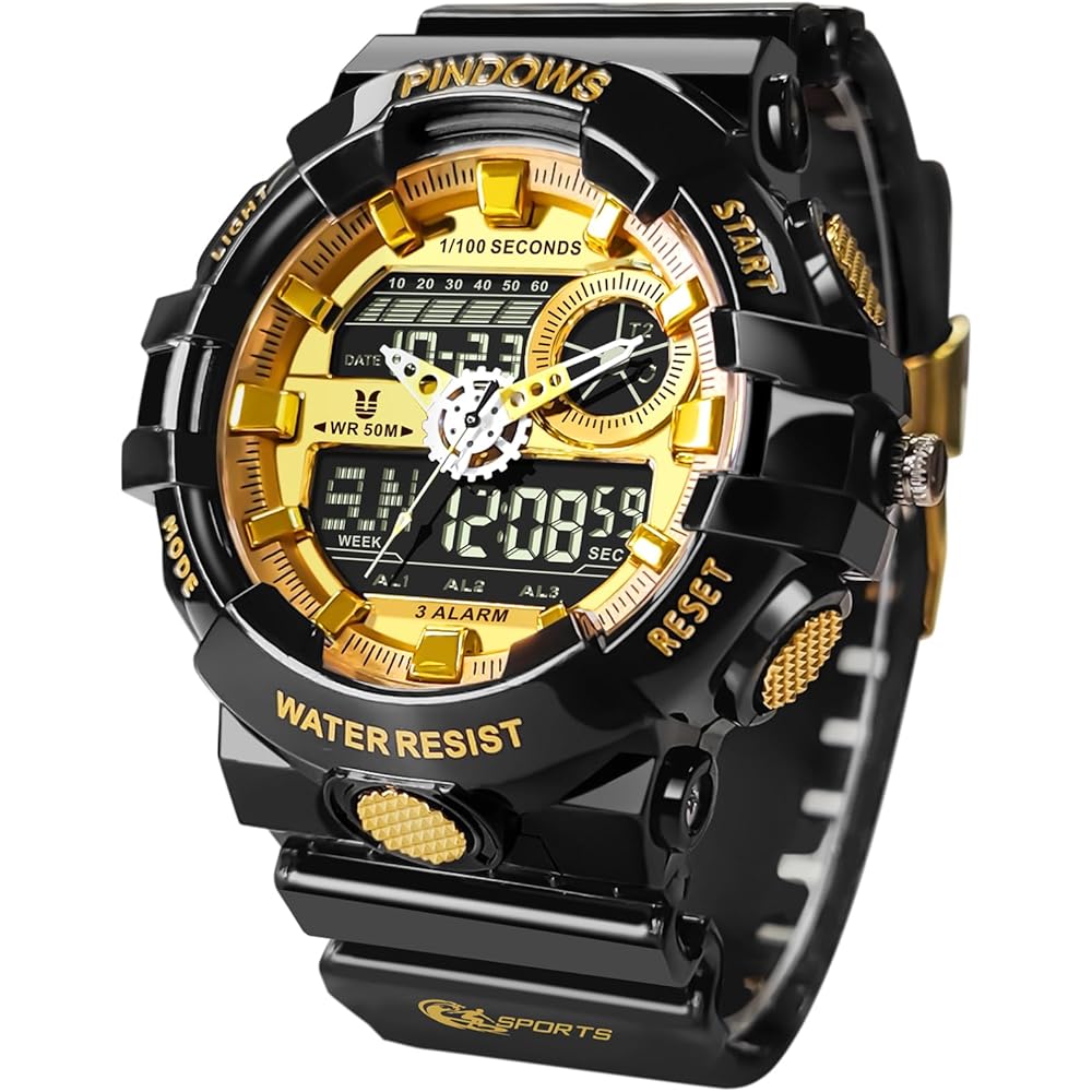 PINDOWS Men s Analog Digital Dual Time Watch Gold Waterproof 50m LED Backlight Alarm Stopwatch Sports Outdoor Activities