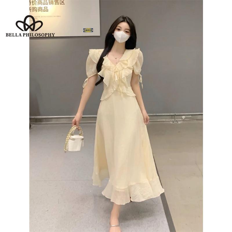 Letní nové volánové šaty s výstřihem do V Jemné elegantní jednobarevné šaty s krátkým rukávem, dlouhým rukávem