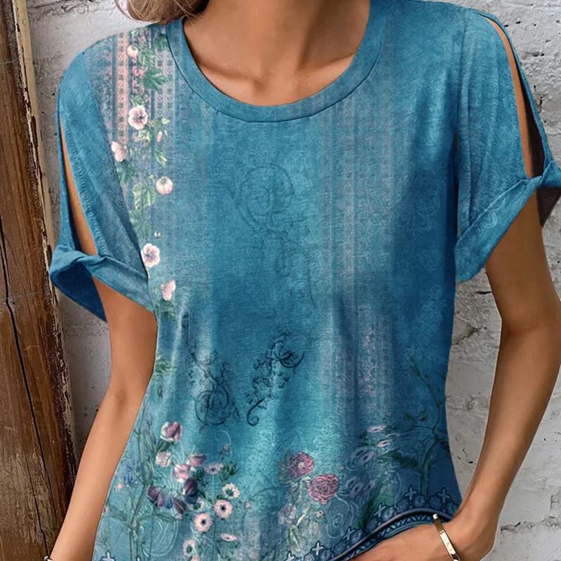 Primavera e verão nova camiseta feminina casual e confortável estilo étnico estampado de manga curta