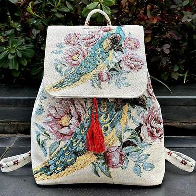 2025 Neue Ethno-Stil Tasche Bestickte Canvas-Tasche Kordelzug Klappe Rucksack Damen Casual Goldfadenstickerei Rucksack
