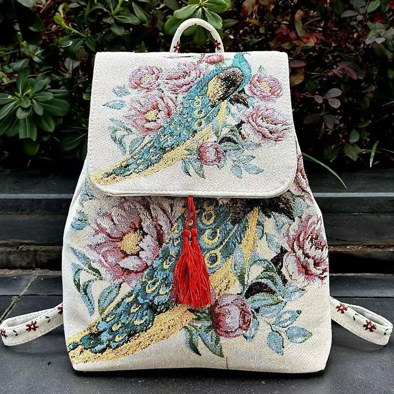 

2025 New Ethnic Style Bag Embroidered Canvas Bag Drawstring Flap Backpack Women s Casual Gold-thread Embroidery Backpack