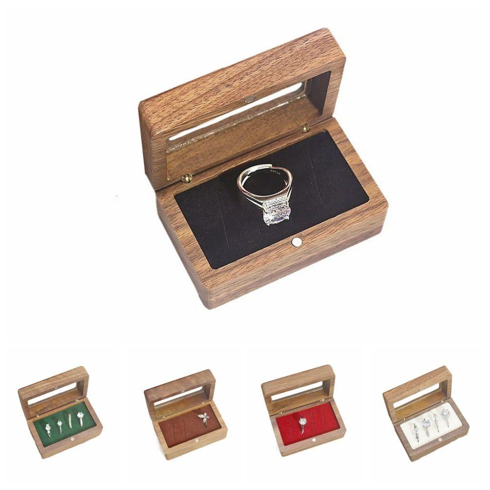 Magnetic Cover Square Rings Holder 4 Slots Jewelry Ring Holder Black Walnut Cufflinks Box  Wedding