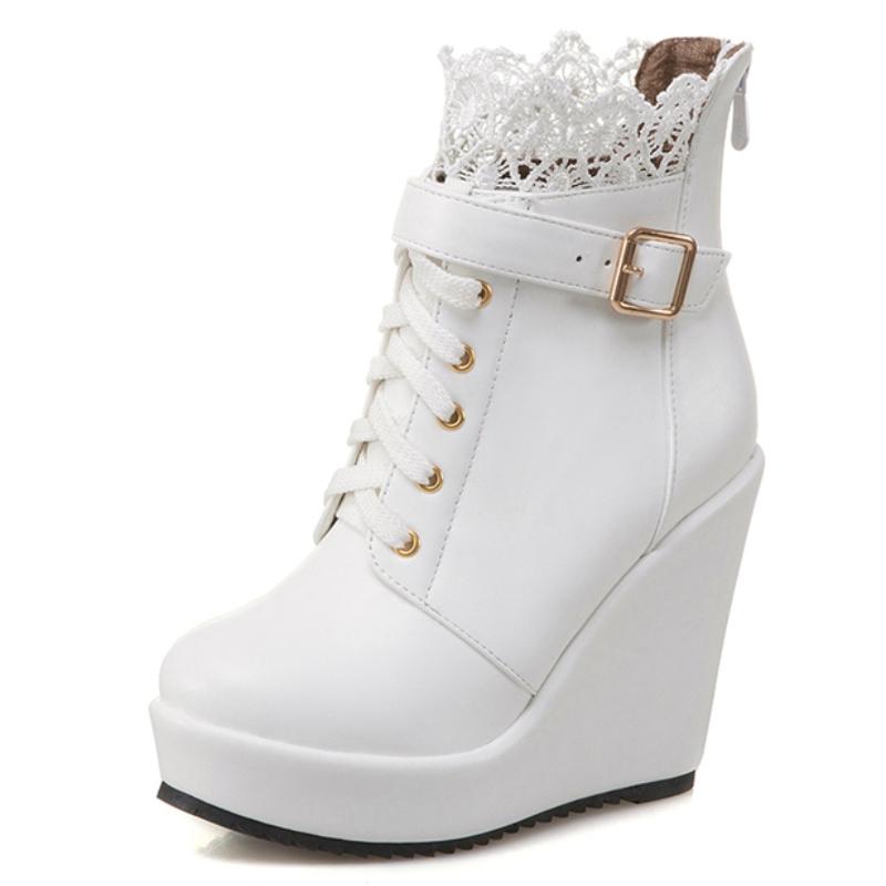 

Ботильоны на танкетке для женщин, платформа, зима, осень, шнуровка, черные, белые, женские короткие ботинки, туфли на танкетке, женские 35 белый