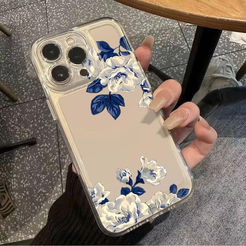Blue Leaf White Flower Pattern Transparent Phone Case for Samsung Galaxy A56 A55 A35 A36 A15 S25 Ultra S24 FE S23 S22 Plus Cover