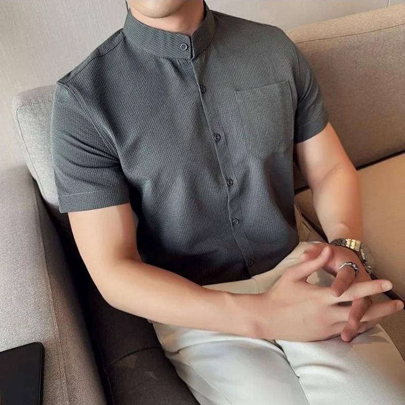 Men s Summer Stand Collar Short Sleeve Button Down Shirt Casual Waffle Knit Top M серый