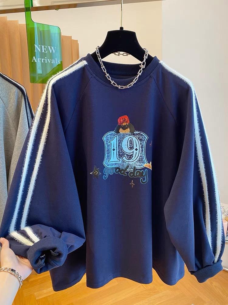 Korean Cartoon Letter Print Loose Large Version Plus Velvet Sweatshirt Women Autumn Sports Long-sleeved T-shirt Trendy