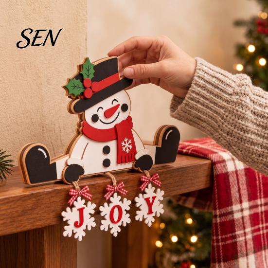 Indoor Christmas Decor Accessories Wooden Tabletop Decor, 2D Flat Hanging Shelf Sitters with JOY Ornaments, Reusable Holiday Ornaments Rustic