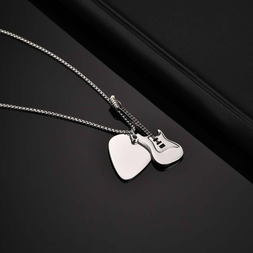 Xiaomi Vnox Guitar Pendant Necklace for Men, 2mm Width Box Chain Punk Necklace, Black Silver Color Stainless Steel Jewelry Gift for Him