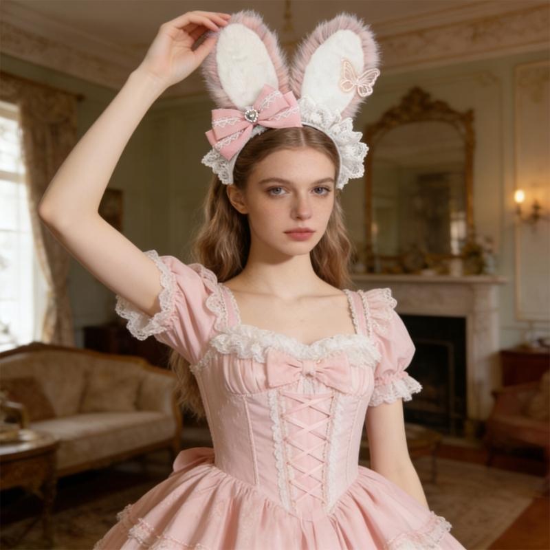 Plush Sweet Rabbit Ears Headband With Elegant Lace And Bowknot Detachable For Cosplay Party And Daily Wear