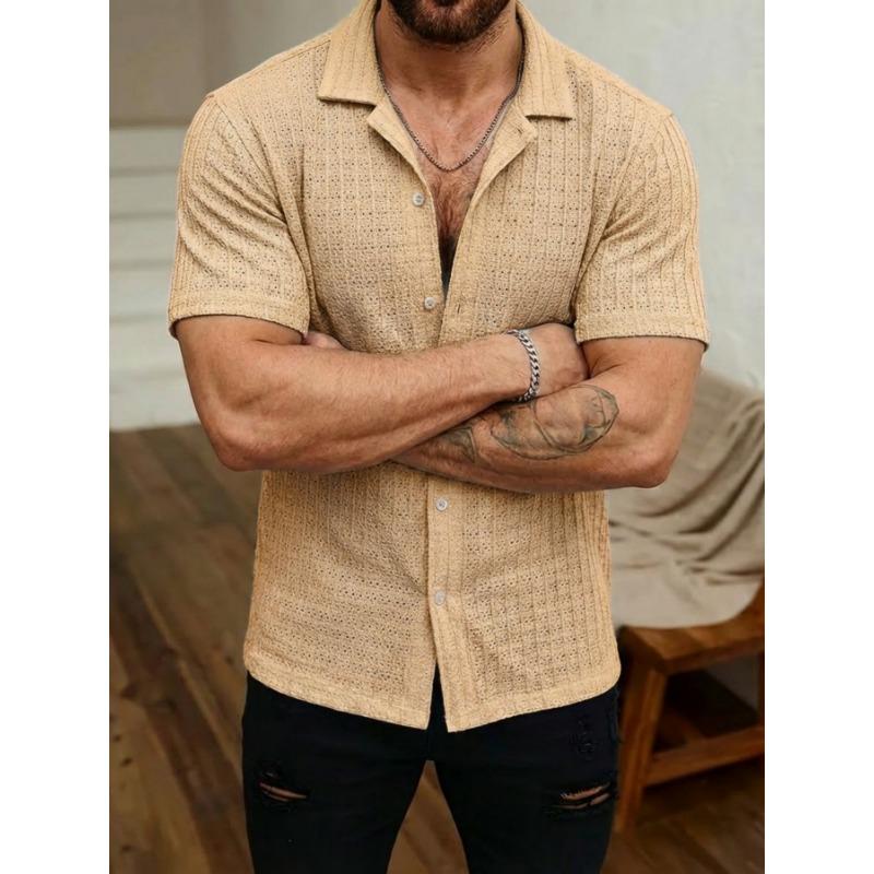 Summer New Solid Color Jacquard Hollow Lapel Shirt Men's Casual Sports Tops