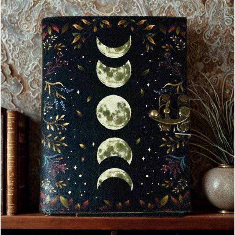 Vintage Leather Journal, Moon Phase Handmade Fat Leather Journal, Blank Spell Book of Shadows, Sketchbook, Gifts For Him Her
