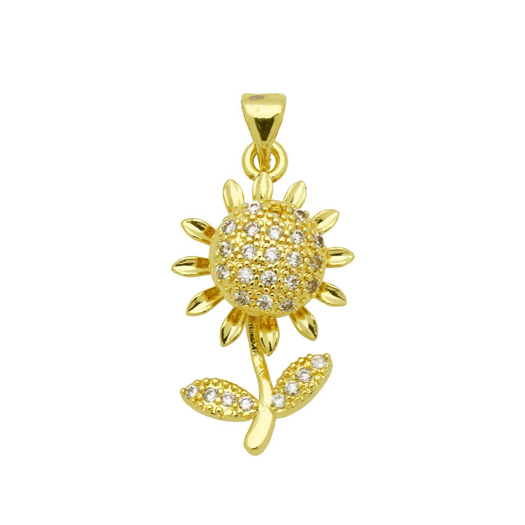 Copper Gold-Plated Full Zircon Sunflower Blooming Double-Layer Three-Dimensional Rotatable Necklace Pendant