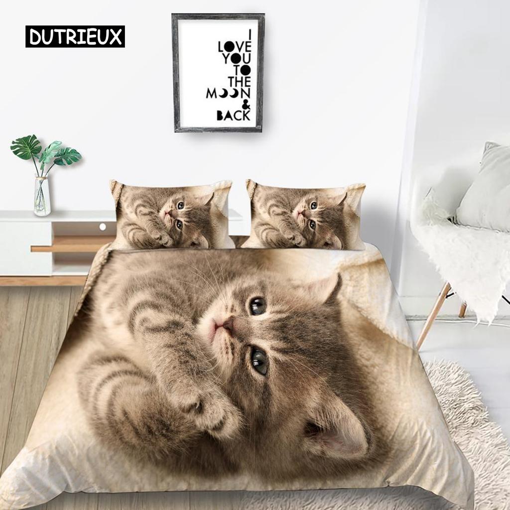 Cat Duvet Cover Set King Size Microfiber Cute Animal Print Girl Teen Kid Comforter Cover Lovely Kitty Series Pattern Bedding Set