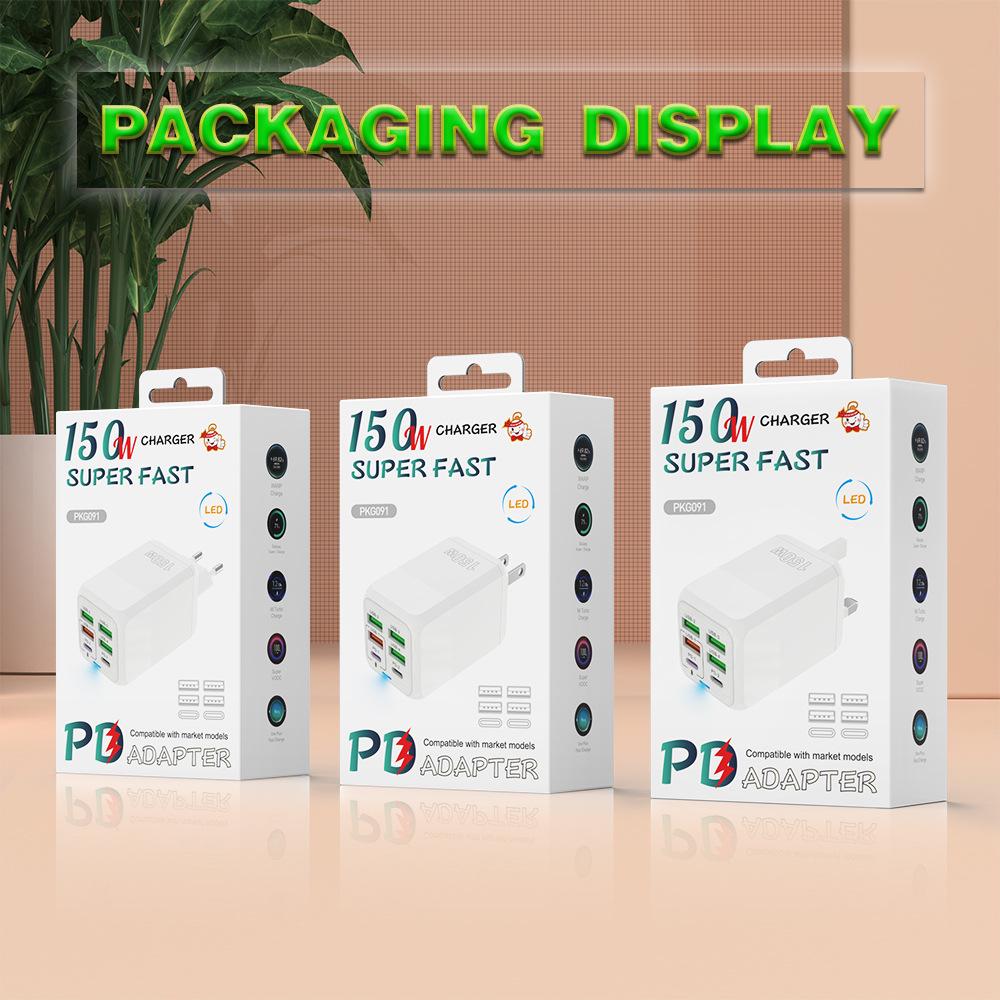 150W Multi-Port Charger: 4 USB + 2 PD, 5V/2.4A, EU/UK/US Compatible for Mobile Devices