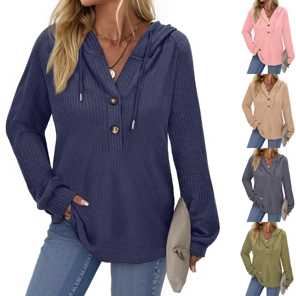 Women's Fashion Long-Sleeve Solid-Color Hooded Button-Up Casual Sweatshirt Top