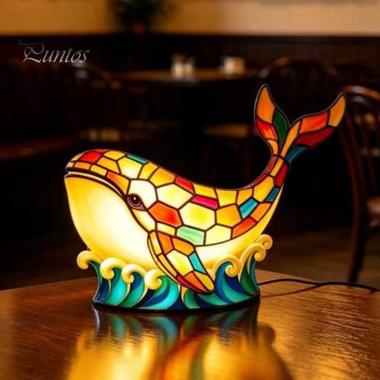 Stained Glass Night Light Whale Light, USB Multicolor Table Lamp, Flicker-free LED Decorative Desk for Home Office Bedroom
