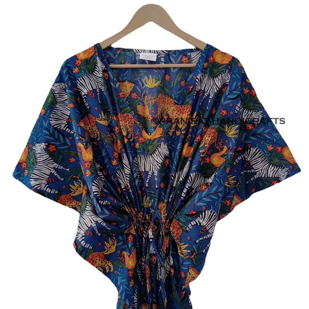 Women Cotton Blue Summer Sleepwear Beach Cover Jungle Print Hippie Caftan Dress CKFTN-SCRN-FULL-BUYIT-177