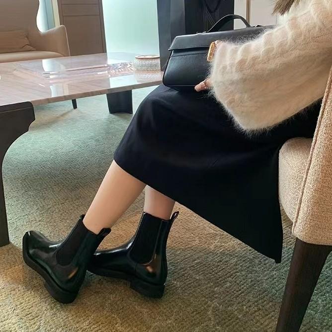 Cowhide Grape Mom Same Square Head Platform Chelsea Boots Women's Leather Thick Heel Martin Boots French Short Boots Skinny Boots