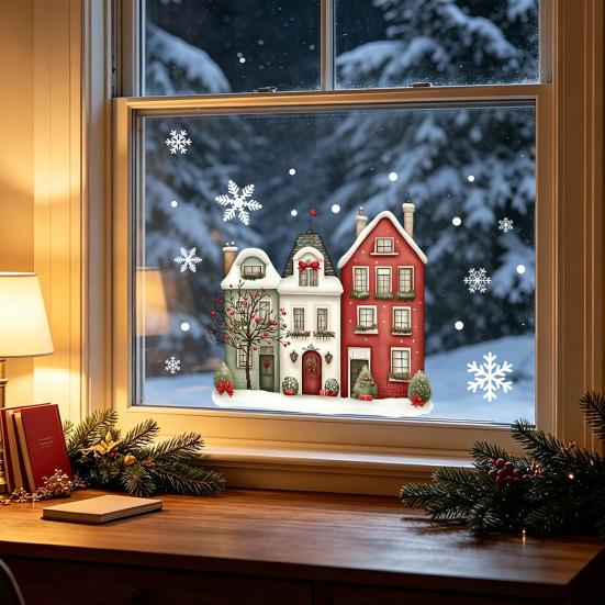 Weihnachts-Fenstersticker Statische Aufkleber, Verschneite Stadthäuser Schneeflocken Glasaufkleber, Wiederverwendbare Klebefreie Adsorption Weihnachten Aufkleber, Feiertagsdekoration für