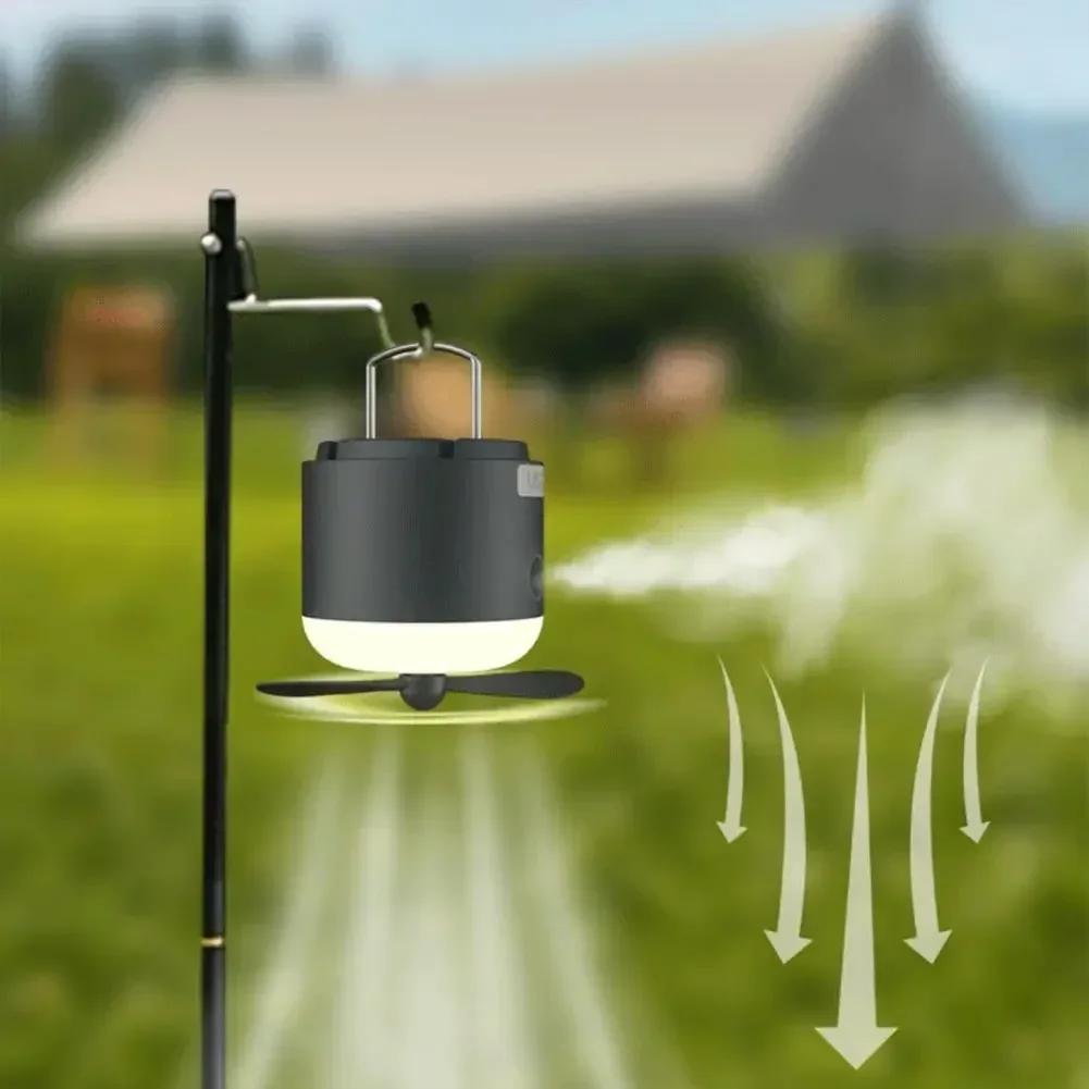 2-in-1 Camping Tent Light with Fan – 4 Lighting Modes, Spray Function, IPX7 Waterproof, Rechargeable LED Lantern for Camping