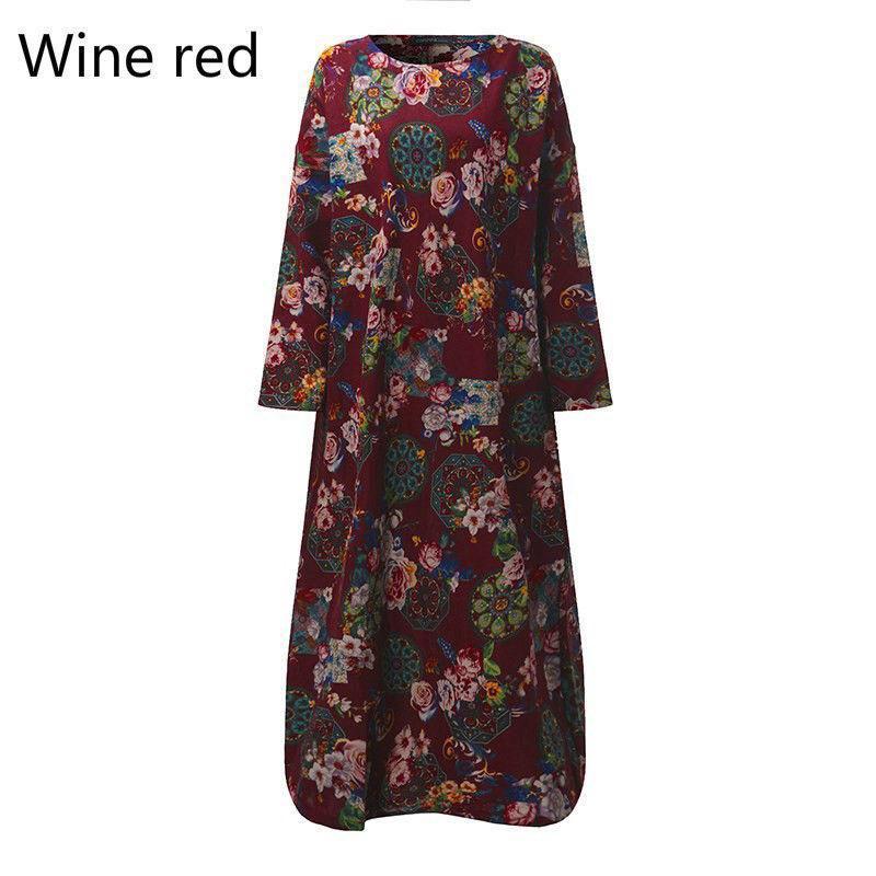 Women Vintage Casual Floral Printed Loose Dress Kaftan Long Maxi Shirt With Timeless Design