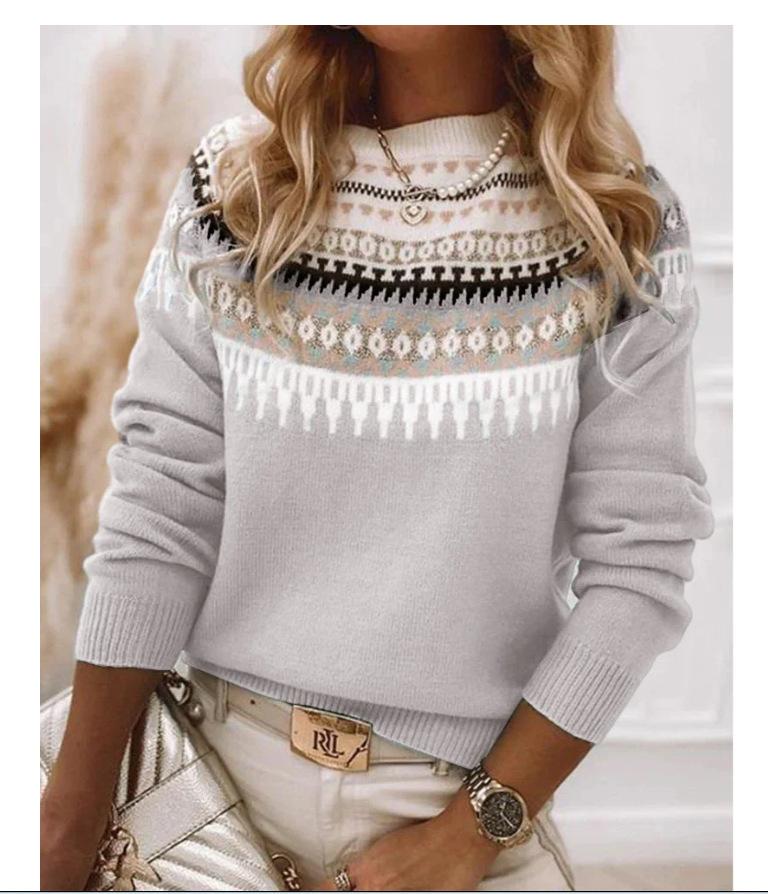 Winter Round Neck Color Blocked Loose Fashion Pullover Knitted Sweater Top For Women
