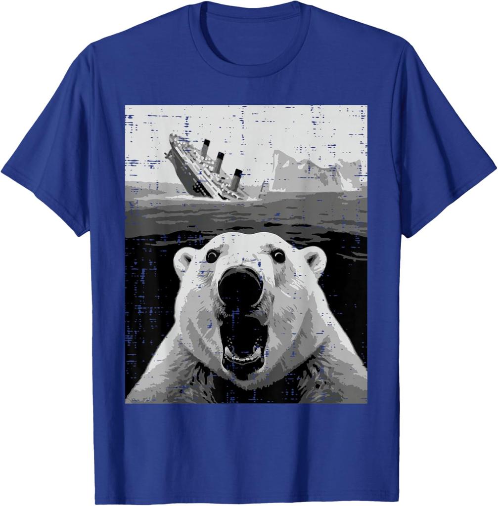 Polar Bear Sinking Titanic Meme Graphic Tee Funny Casual Short Sleeve TShirt for Men Women