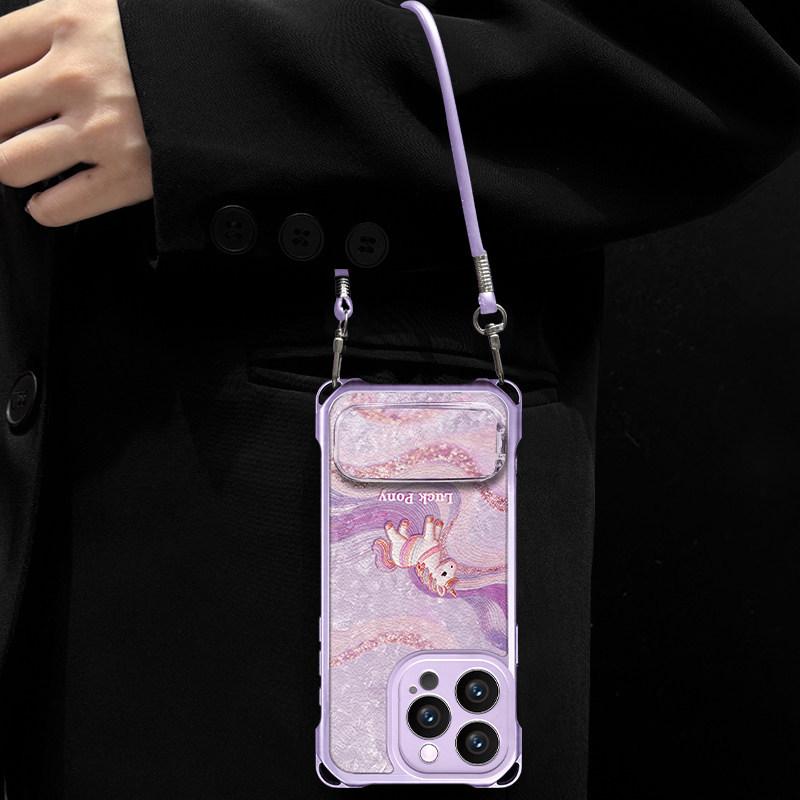 English Pony Purple Suitable for Apple 13Pro mobile phone case 17 bracket 16 with lanyard 15p anti-drop 14 advanced 13 women