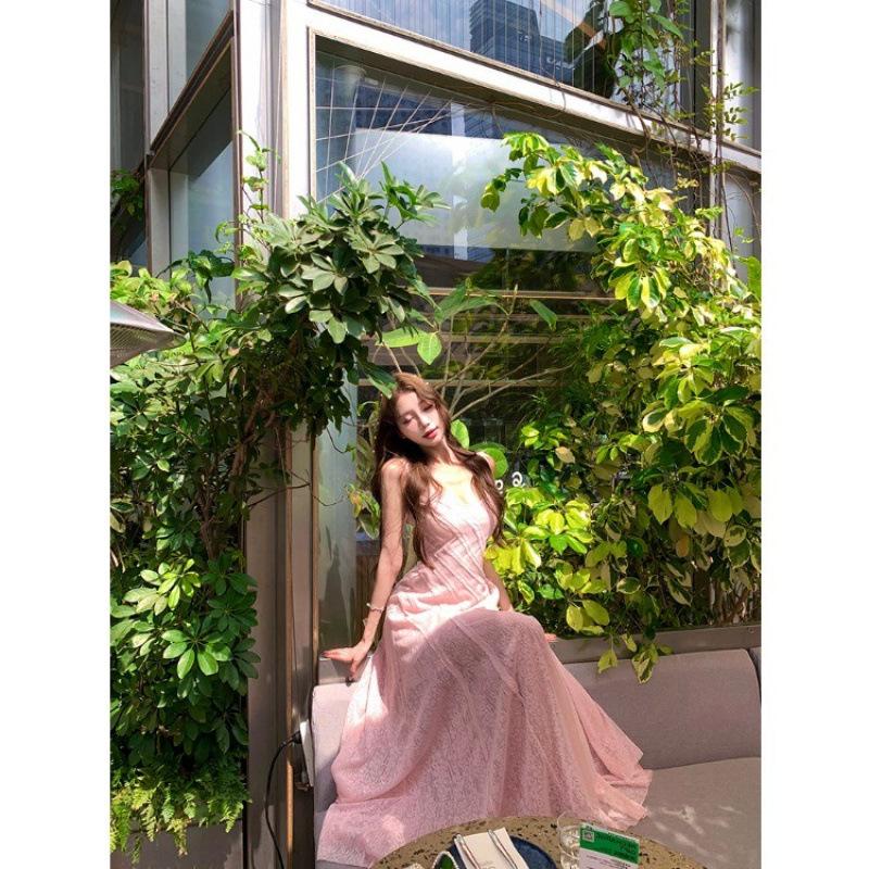Pink Suspender Dress Women's French Temperament Irregular Cut Lace Splicing Dress