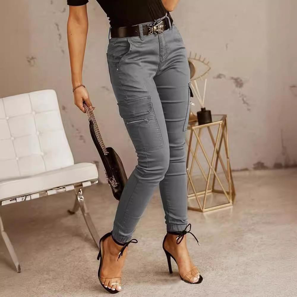 New European & American Women's Low-Waist Jogger Pants - Solid Color, Buttoned, Pocket, Skinny Fit