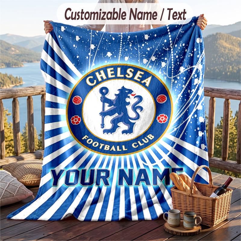 Flannel Blanket Chelsea FC Print Custom Name Text Soft Throw for Sofa Bed