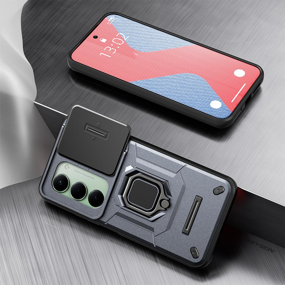 KEYSION Shockproof Armor Case for Redmi 15 169.5mm 171mm Slide Camera Lens Protection Metal Ring Stand Phone Cover for Redmi 5G