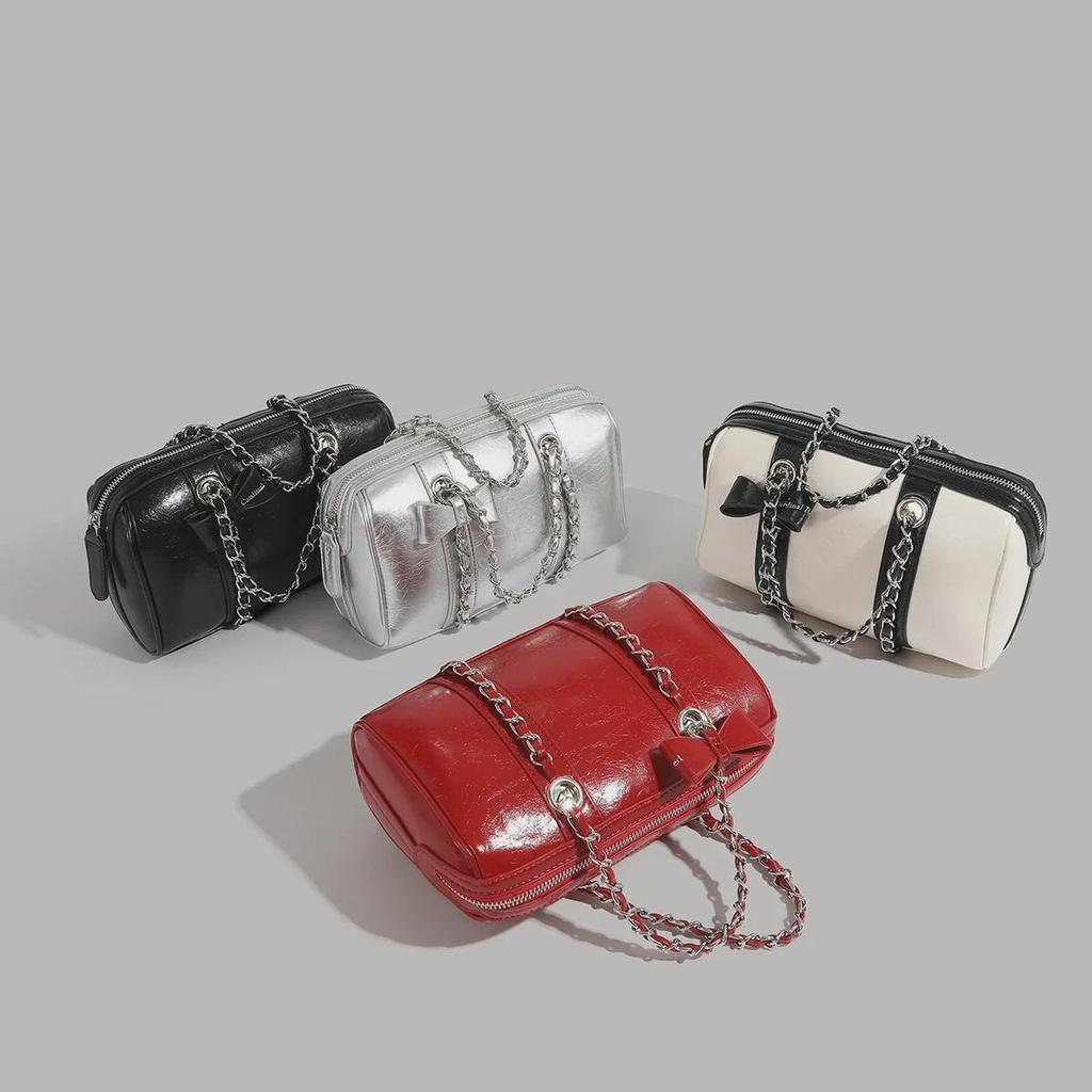 Korean-Style Boston Wax Leather Handbag with Bow Accent