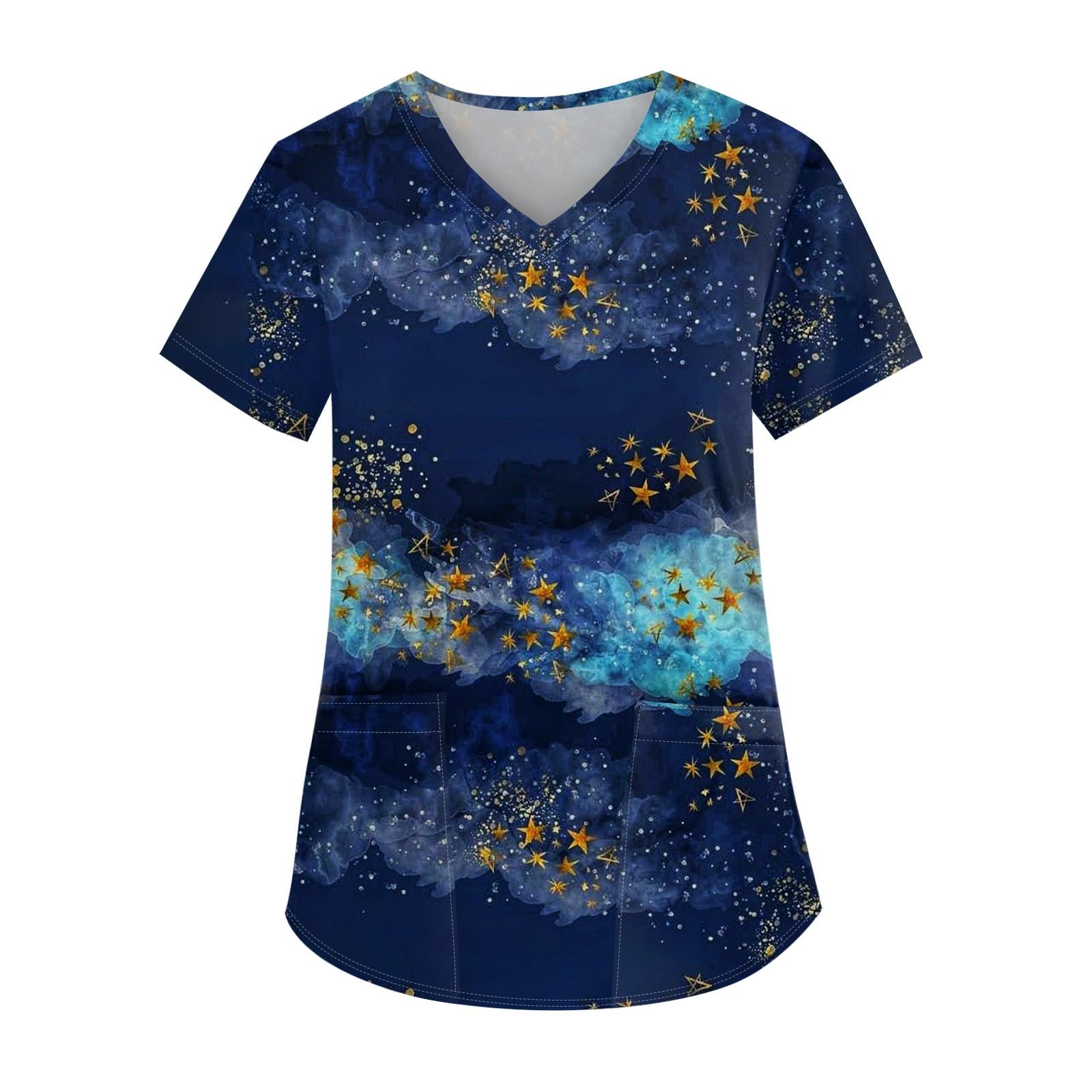 

Женская мода с v-образным вырезом, короткими рукавами и карманами, топы с принтом L