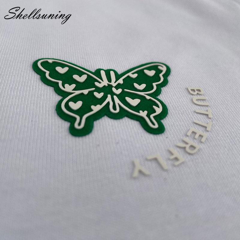 Shellsuning Sommer Baumwolle O Neck T Shirts Frauen Schöne Schmetterling Kurzarm 3D Brief Drucken Tees Lose Weiche Grundlegende Weibliche tops