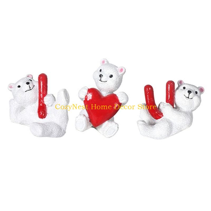 92MF 3Pcs Sweet Love Heart White Bear Ornaments Miniature Figurines Resins Animal Decors for Weddings Party Decorations