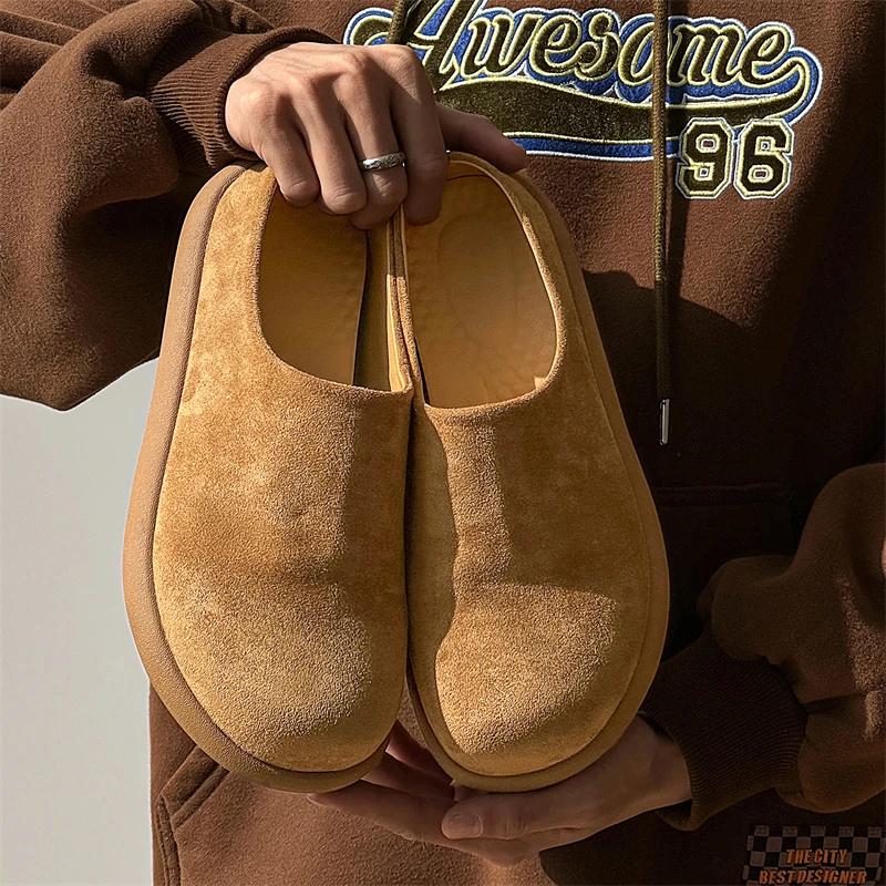 Fashion Versatile Casual Leather Muller Shoes Fashion Male Slippers Outdoor Suede Slip On Flats Leisure Walk Half Drag Loafers Sandals