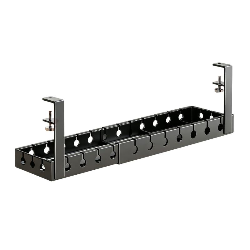 Under-Desk Cable Management Tray in Carbon Steel with Two Edge Clamps and Open Access, Extendable Power Strips Cord Holder for Stored Power