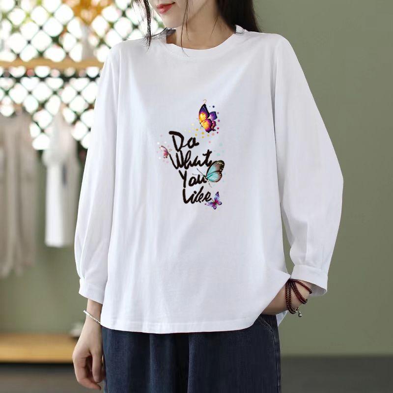 Nine-quarter Sleeve Printed T-shirt Women's New Spring and Autumn Loose Round Neck Top