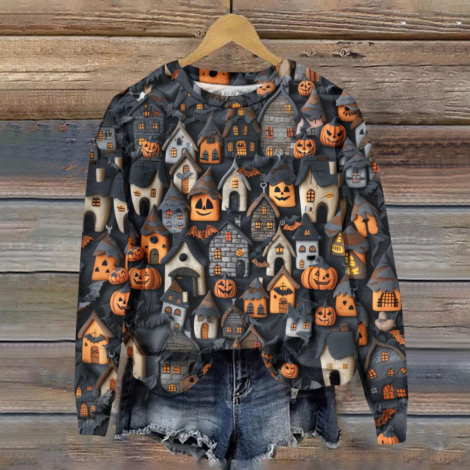 

Женский осенне-зимний топ с круглым вырезом и длинными рукавами, милый свитер-пуловер с принтом 3D на тему Хэллоуина XXXL