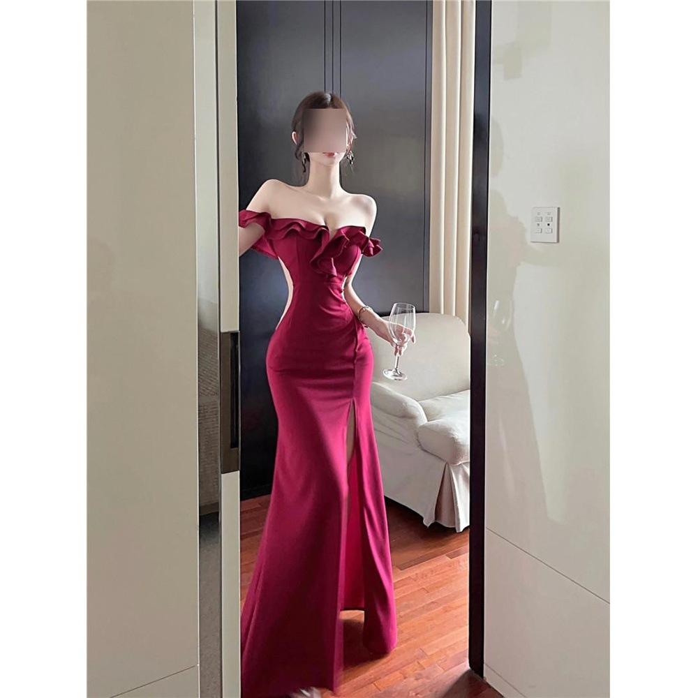 Summer temperament Skinny temperament Women's hip-wrapped long dress One-word shoulder split dress Women's tall